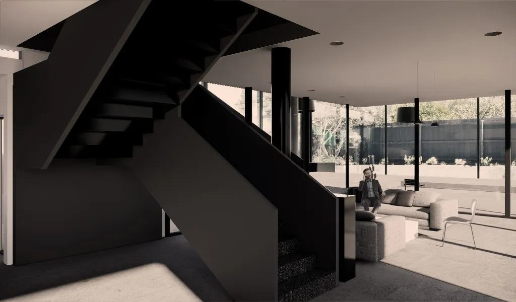 Rendered interior of the Ross House living room