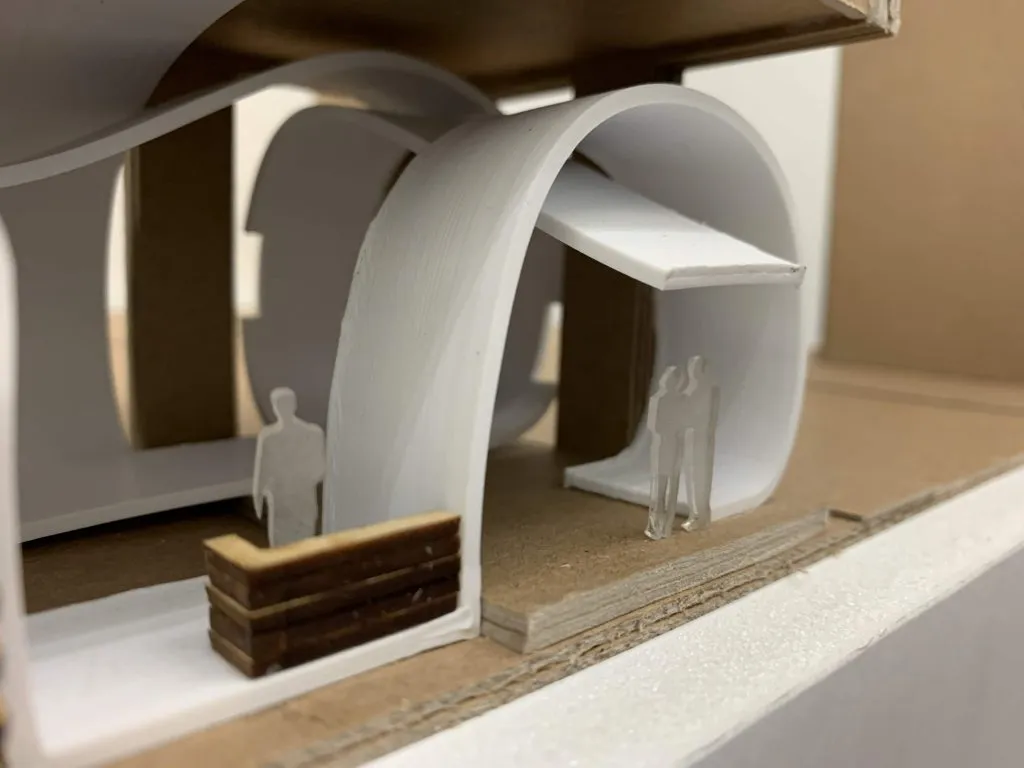 Detail photo of the model's curved shelving