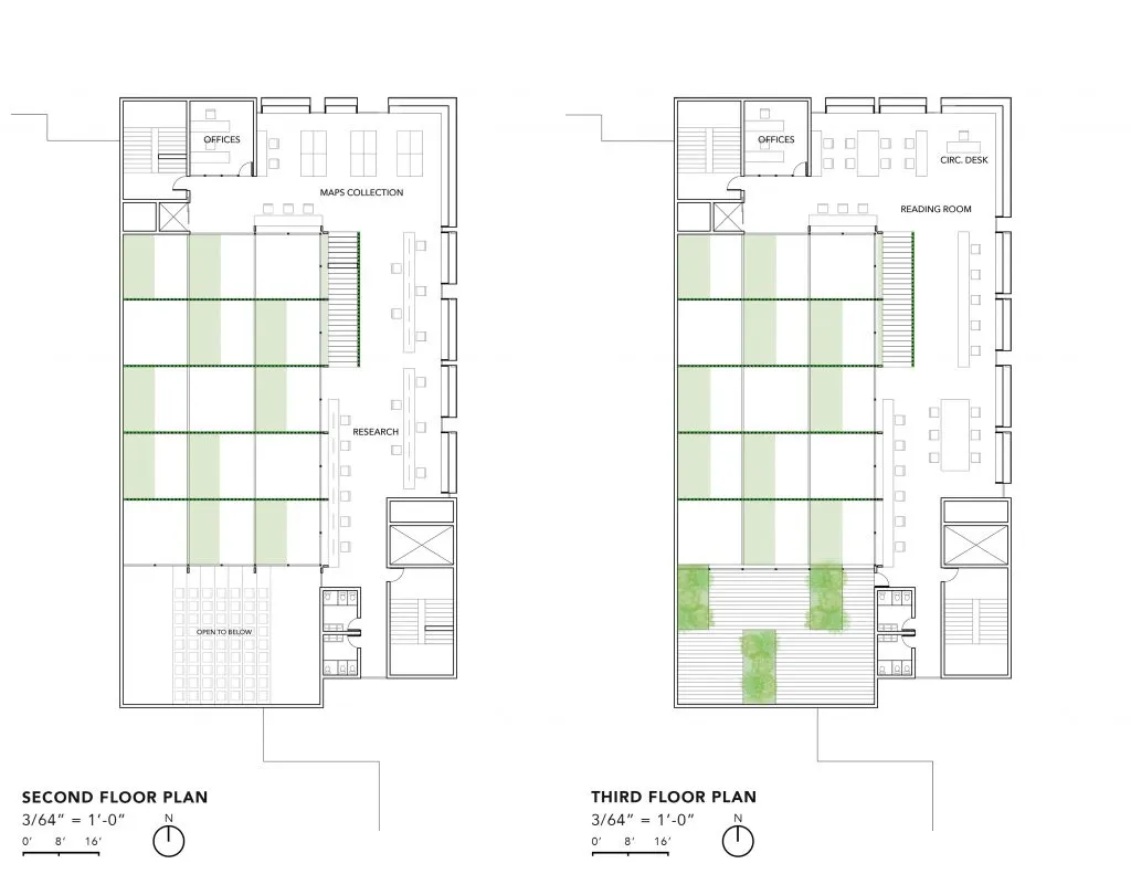 Section view showing the reading rooms above the public garden