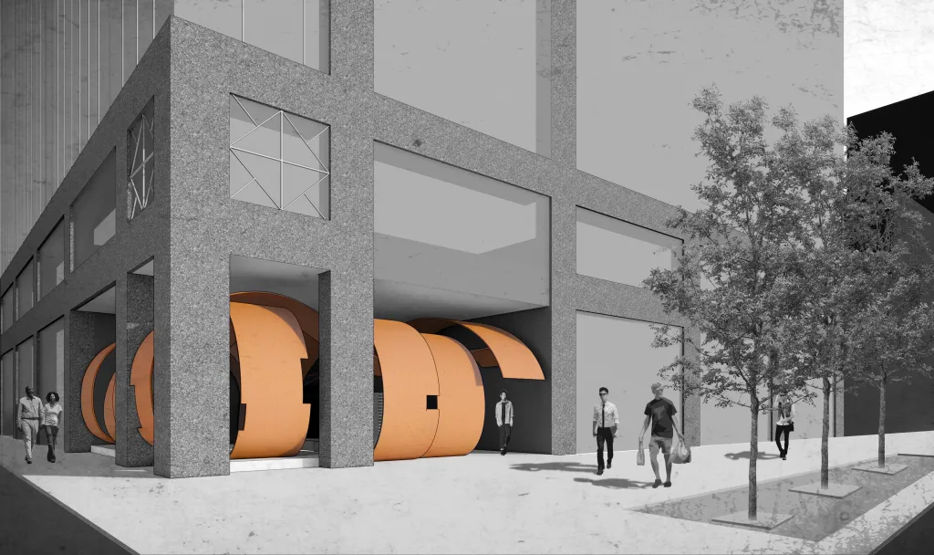 Corner rendering of the curvilinear wood structure